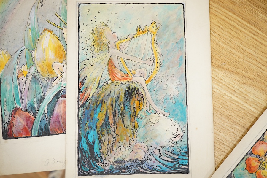 Flora White (Early 20th. C), Set of six original watercolours for childrens' postcard designs, Fairy Songs to include ‘Songs of falling leaves’ and ‘Song of early morning’, each inscribed in pencil, largest 27 x 19cm